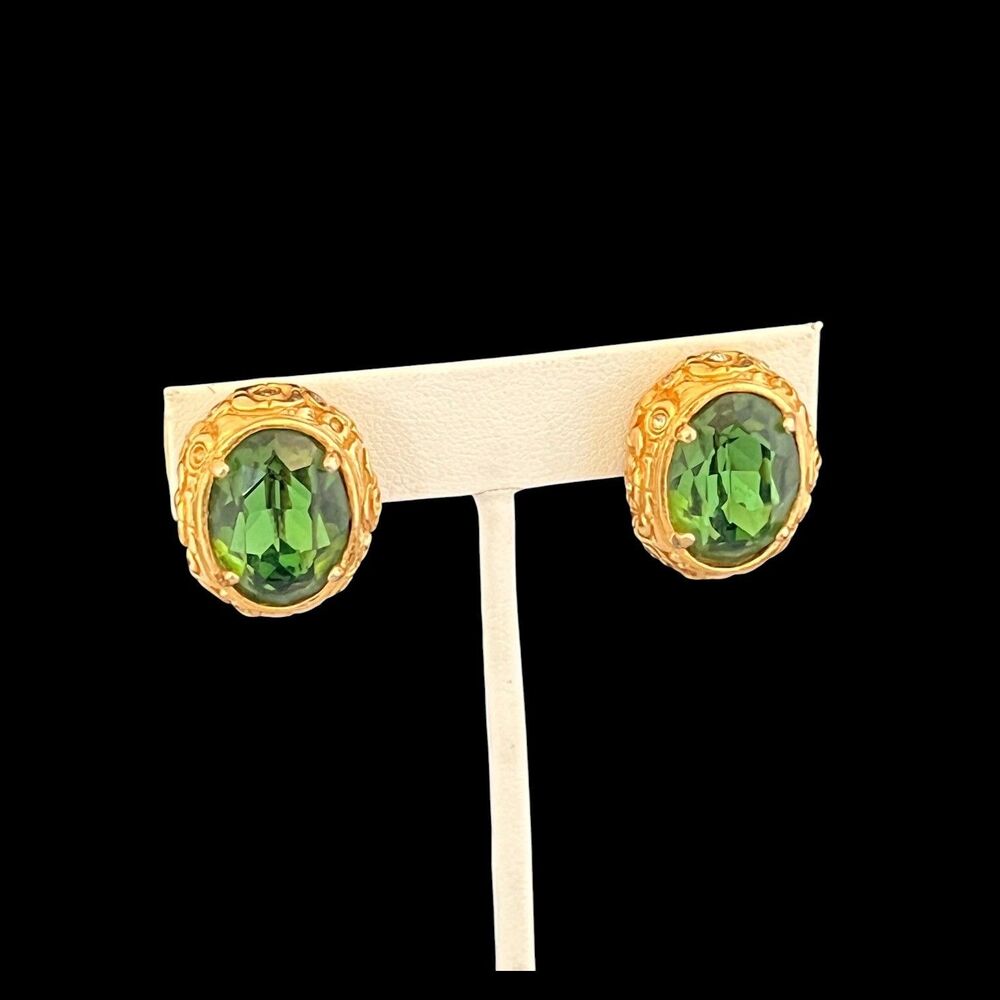 Vintage 1950s Signed Hattie Carnegie Earrings Green Crystal Clip - 7Y